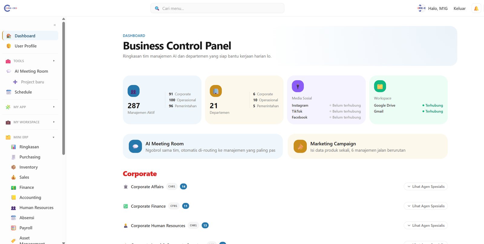 Core-CEO Business Control Panel showing 287 active AI specialist agents across 21 departments